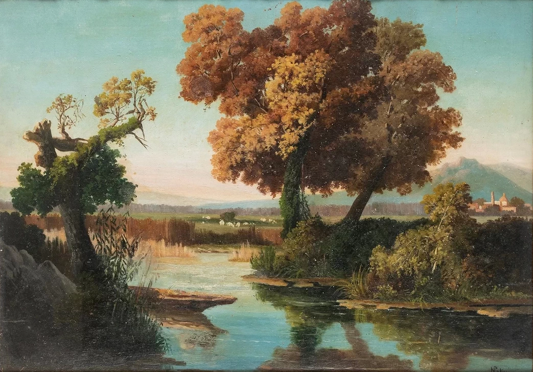 Paesaggio lacustre con piccola imbarcazione